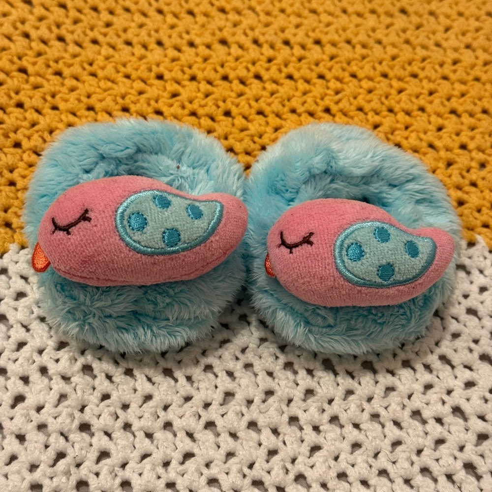 Gerber blue and pink fuzzy bird slippers size 0-6 months in good used condition